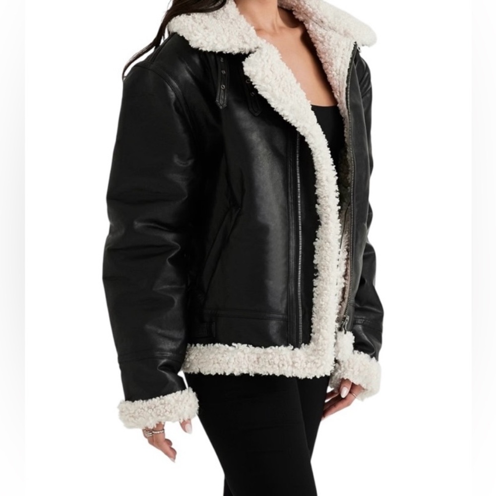 House of CB MADDEN BLACK VEGAN SHEARLING AVIATOR JACKET Women’s Size Small